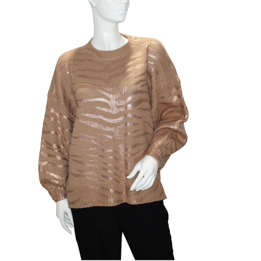 ANDTHEWHY Tan‎ Zebra Print Metallic Knit Sweater Size S M